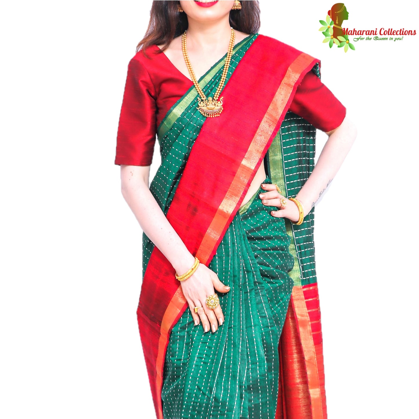 Pure Handloom Tussar Silk Saree - Bottle Green and Red with Temple Border