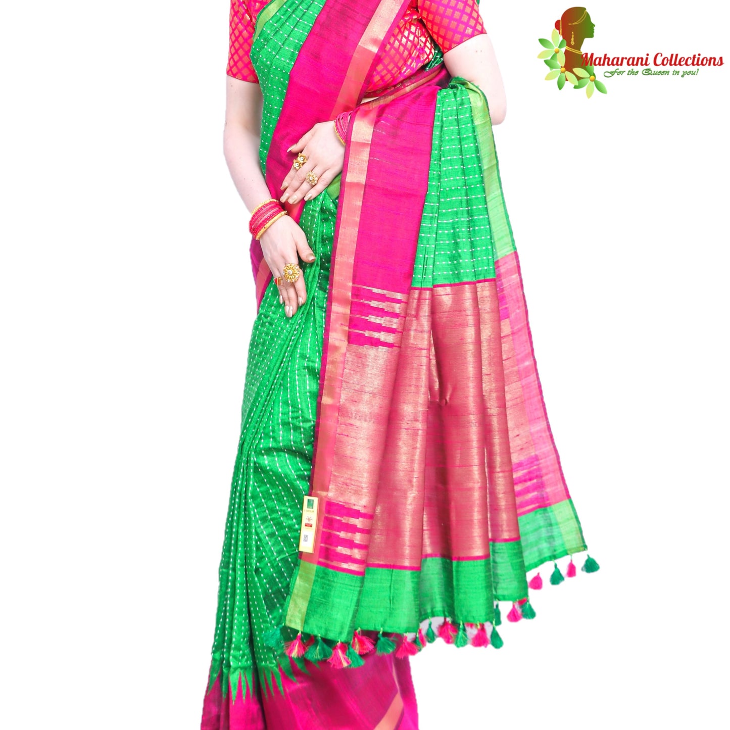 Pure Handloom Tussar Silk Saree - Green and Pink with Golden Zari and Temple Border
