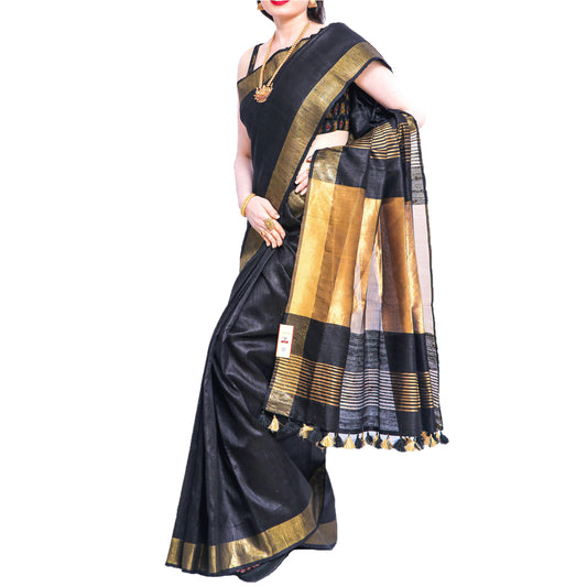 Maharani's Pure Tussar Silk Saree (Silk Mark) - Black with Golden Zari Border and Pallu