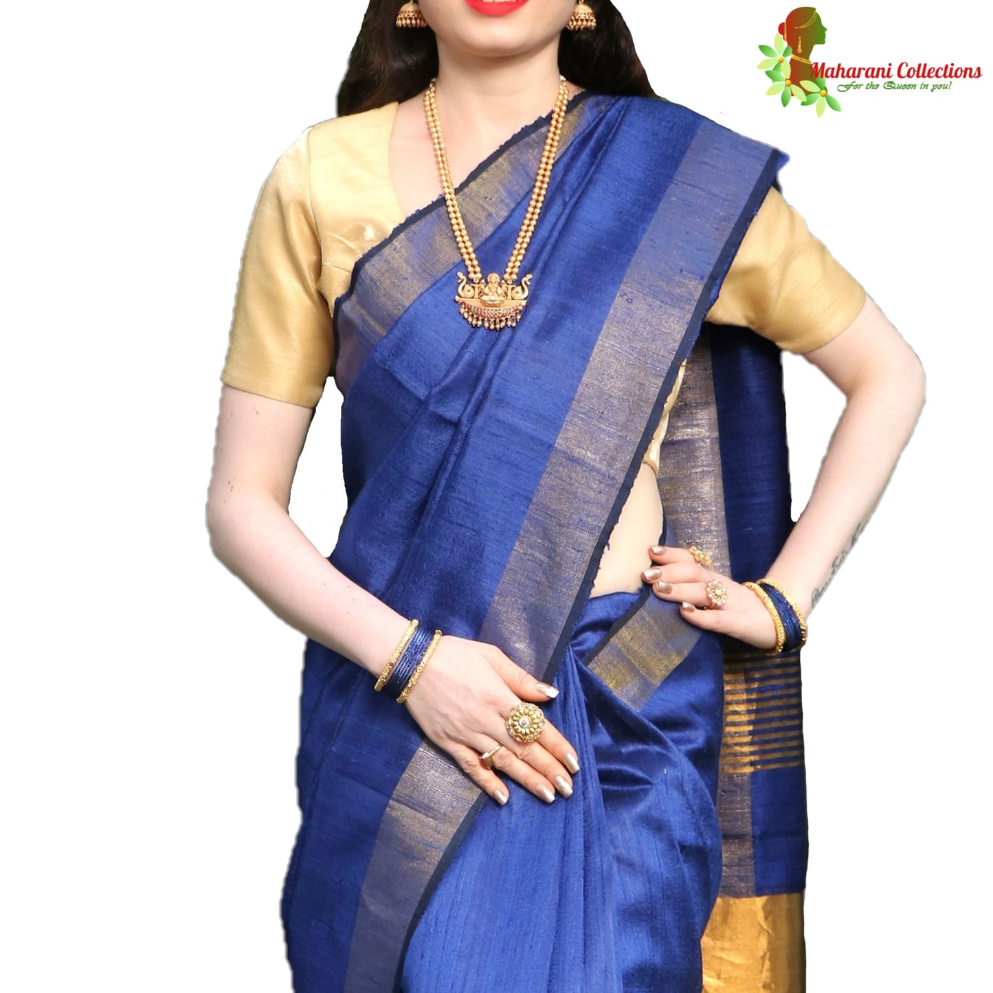 Pure Handloom Tussar Silk Saree - Royal Blue with Golden Zari Border and Pallu