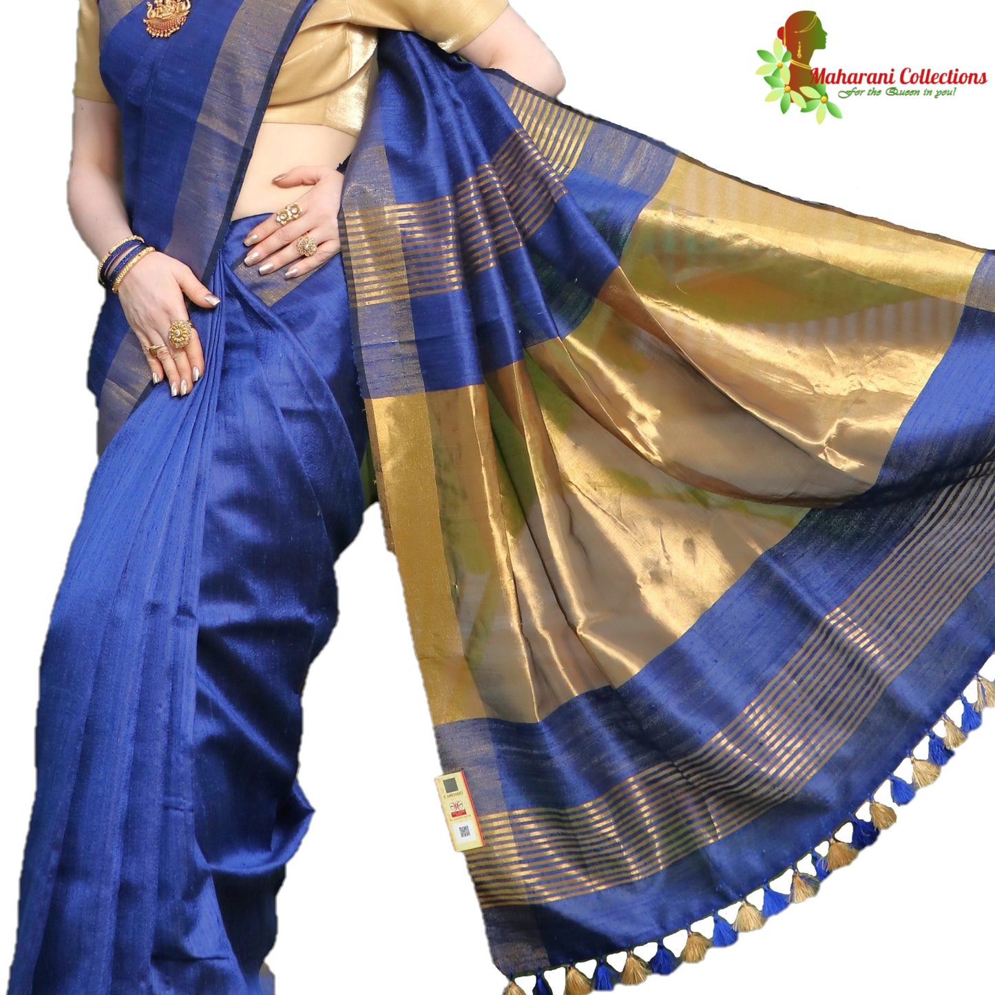 Pure Handloom Tussar Silk Saree - Royal Blue with Golden Zari Border and Pallu