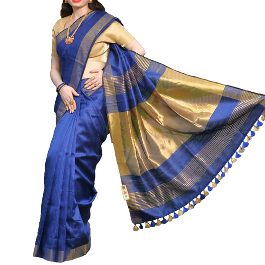 Pure Handloom Tussar Silk Saree - Royal Blue with Golden Zari Border and Pallu