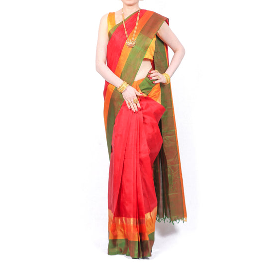 Maharani's Pure Handloom Kanjivaram Silk Saree - Red with Green and Golden Zari Border and Pallu