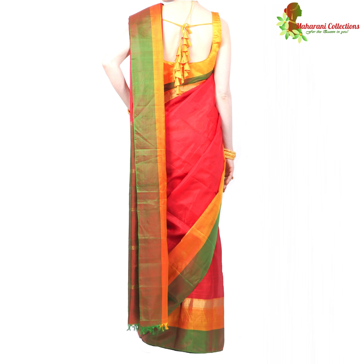 Maharani's Pure Handloom Kanjivaram Silk Saree - Red with Green and Golden Zari Border and Pallu