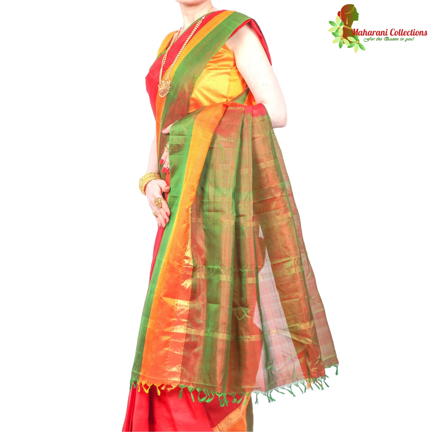 Maharani's Pure Handloom Kanjivaram Silk Saree - Red with Green and Golden Zari Border and Pallu