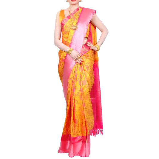 Maharani's Pure Handloom Kanjivaram Silk Saree - Auspicious Yellow with Pink Border and Pallu