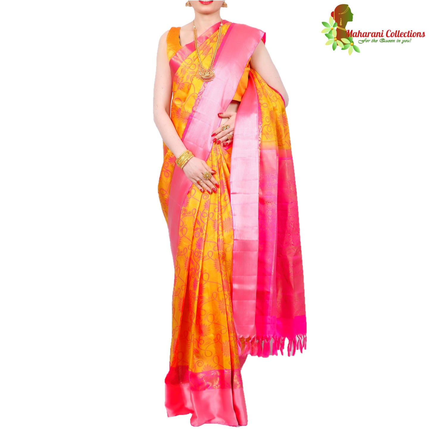 Maharani's Pure Handloom Kanjivaram Silk Saree - Auspicious Yellow with Pink Border and Pallu
