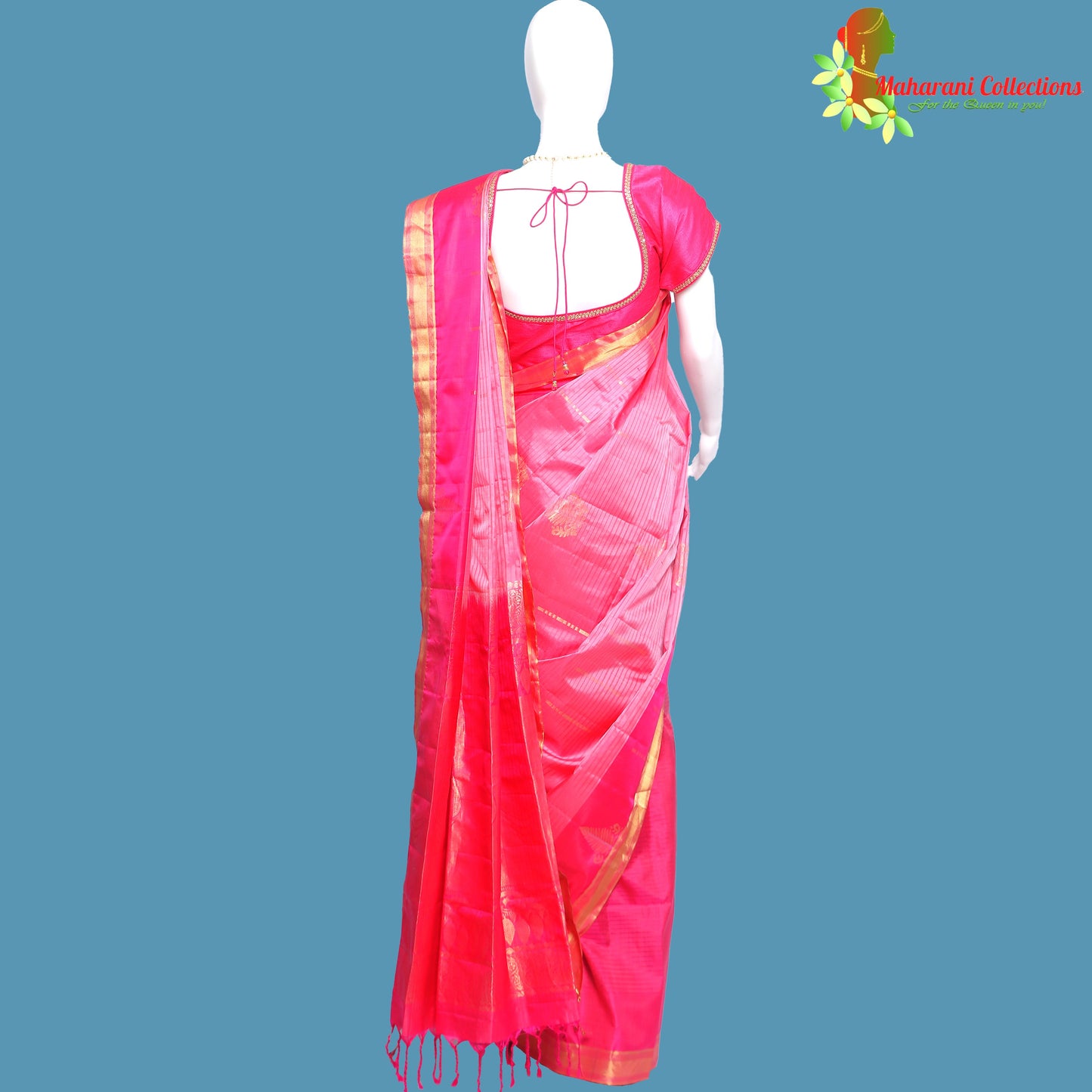 Maharani's Pure Handloom Kanjivaram Silk Saree - Pink with Golden Zari Work