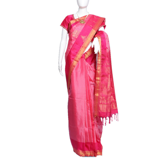 Maharani's Pure Handloom Kanjivaram Silk Saree - Pink with Golden Zari Work