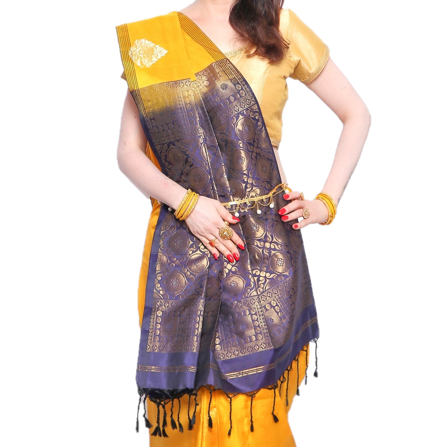 Maharani's Pure Handloom Kanjivaram Silk Saree - Yellow with Heavy Golden Zari Border and Pallu
