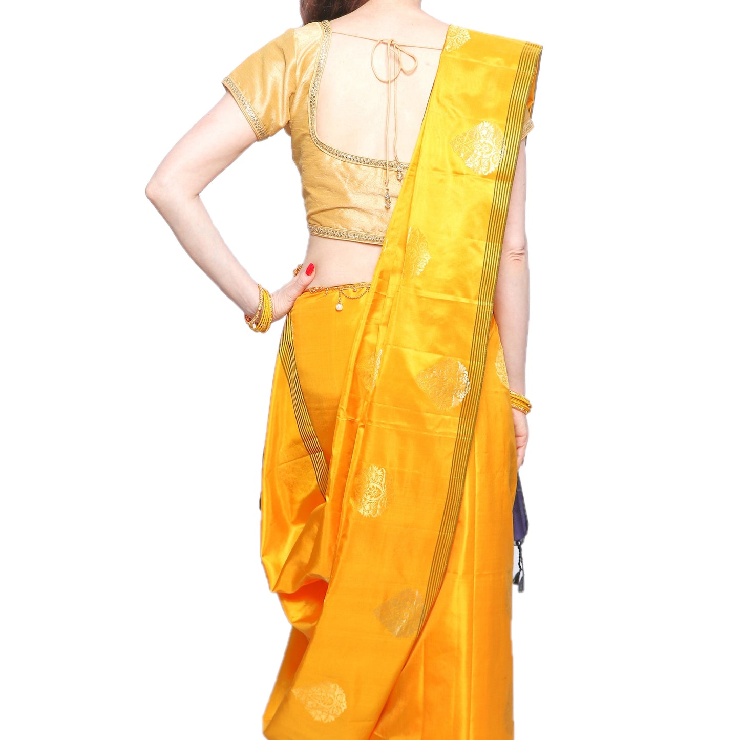 Maharani's Pure Handloom Kanjivaram Silk Saree - Yellow with Heavy Golden Zari Border and Pallu