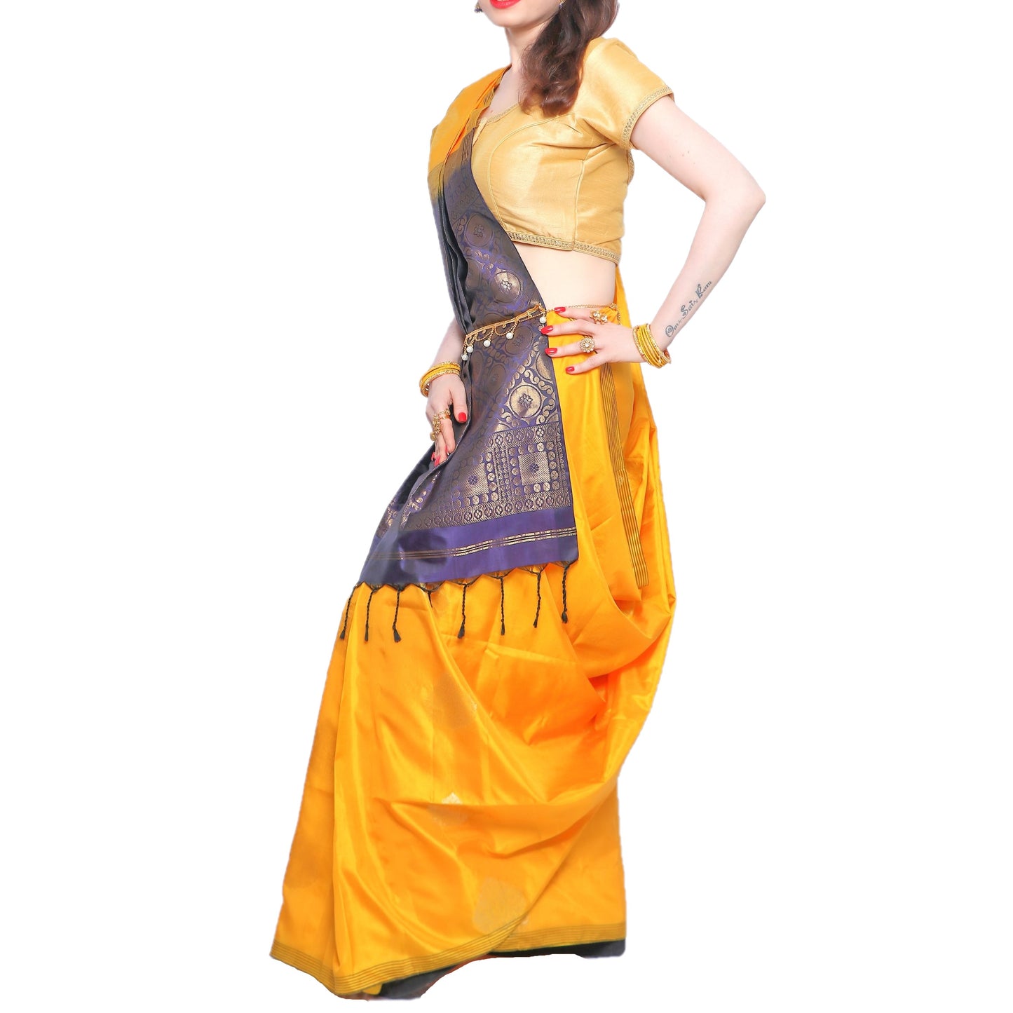 Maharani's Pure Handloom Kanjivaram Silk Saree - Yellow with Heavy Golden Zari Border and Pallu