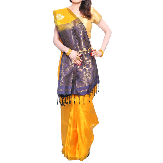 Maharani's Pure Handloom Kanjivaram Silk Saree - Yellow with Heavy Golden Zari Border and Pallu