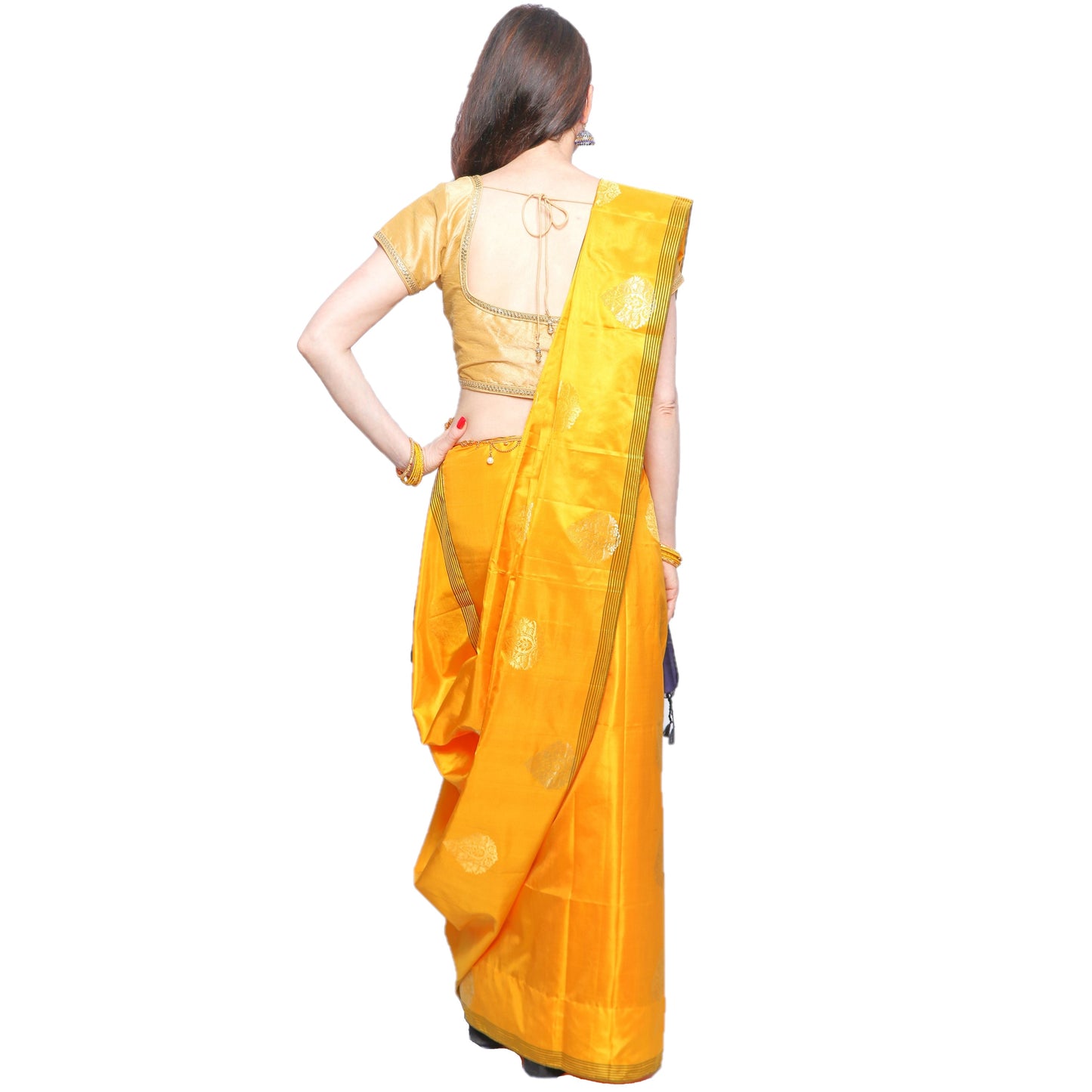 Maharani's Pure Handloom Kanjivaram Silk Saree - Yellow with Heavy Golden Zari Border and Pallu