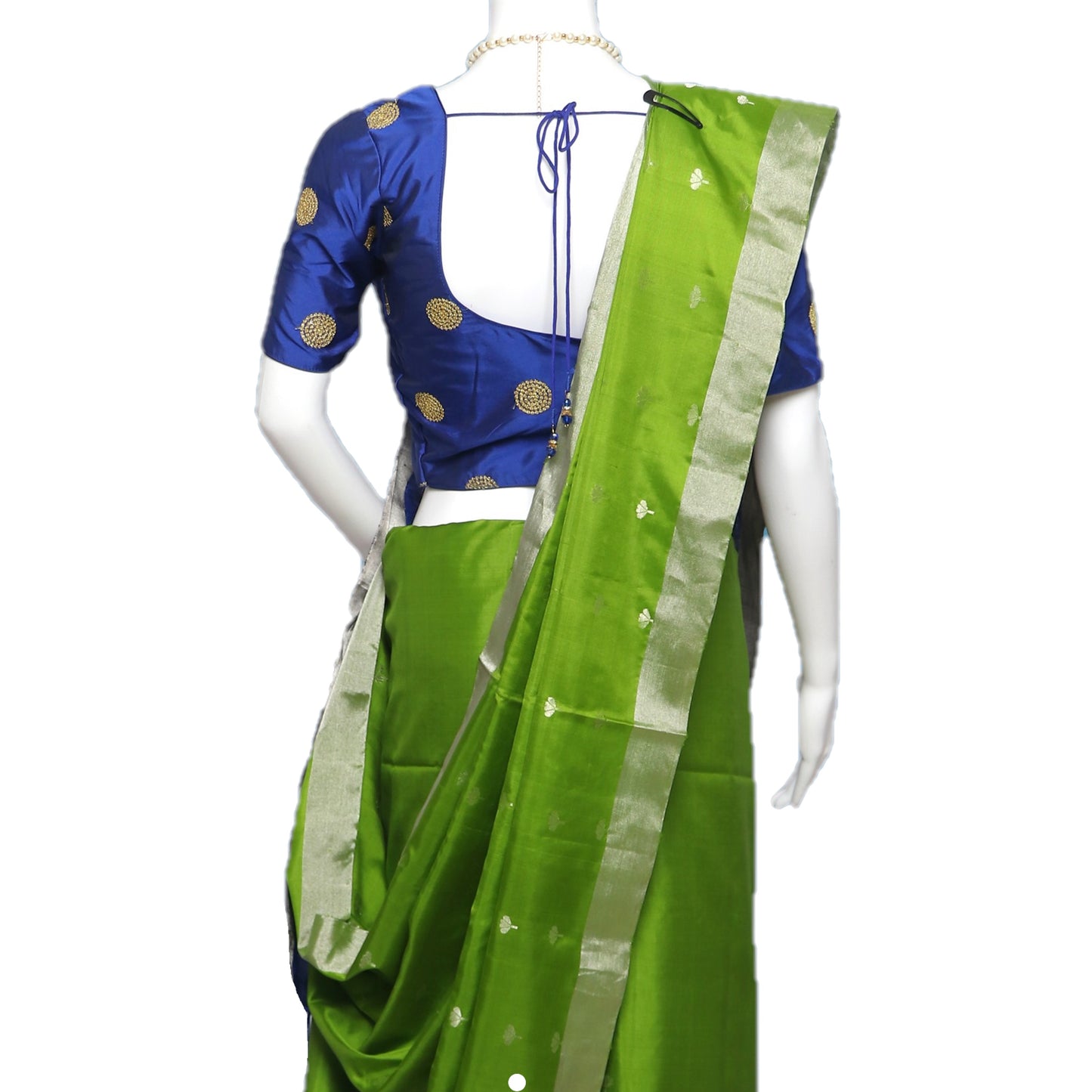 Maharani's Pure Handloom Kanjivaram Silk Saree - Parrot Green with Blue Pallu and Silver Zari Border