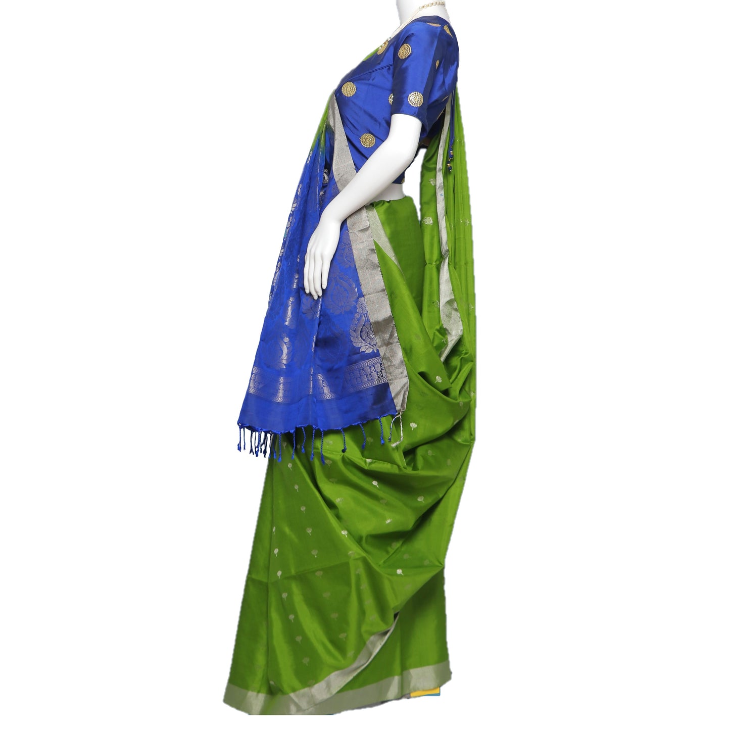 Maharani's Pure Handloom Kanjivaram Silk Saree - Parrot Green with Blue Pallu and Silver Zari Border