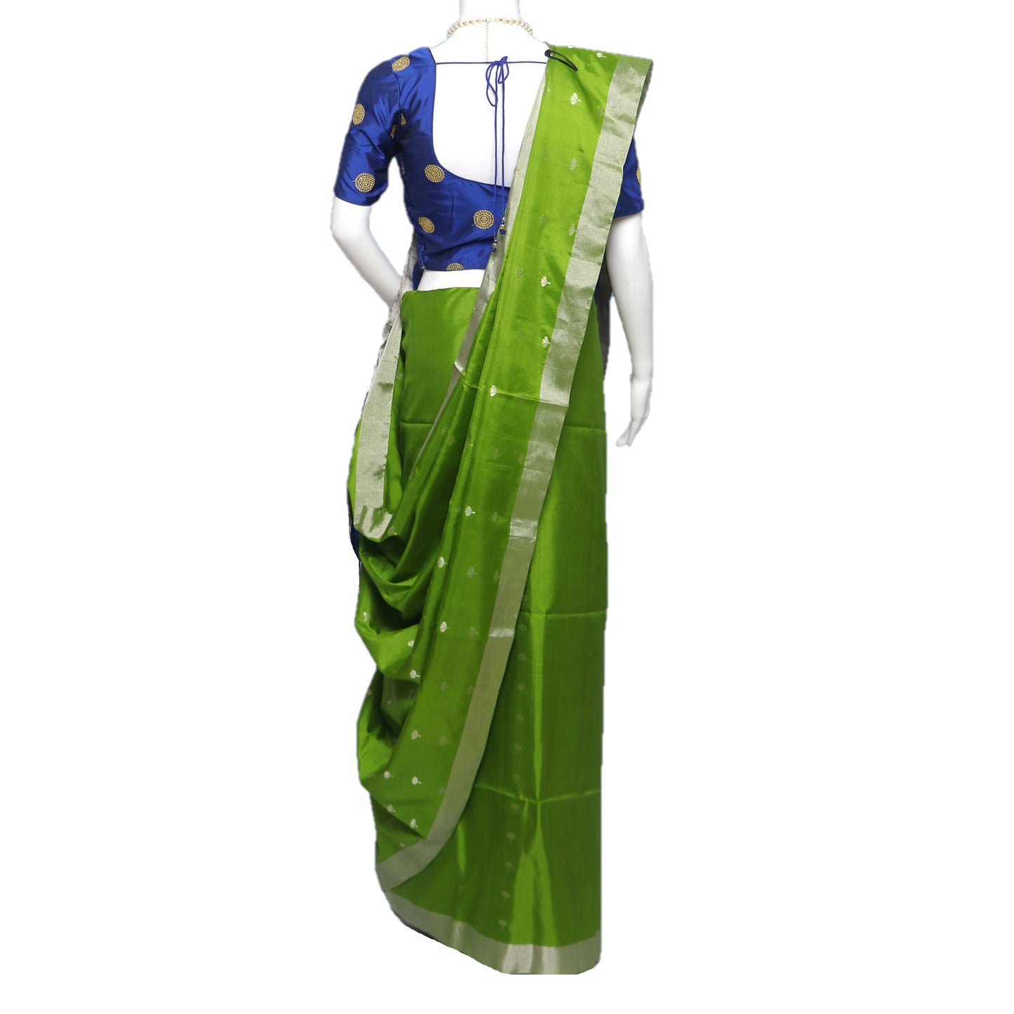 Maharani's Pure Handloom Kanjivaram Silk Saree - Parrot Green with Blue Pallu and Silver Zari Border