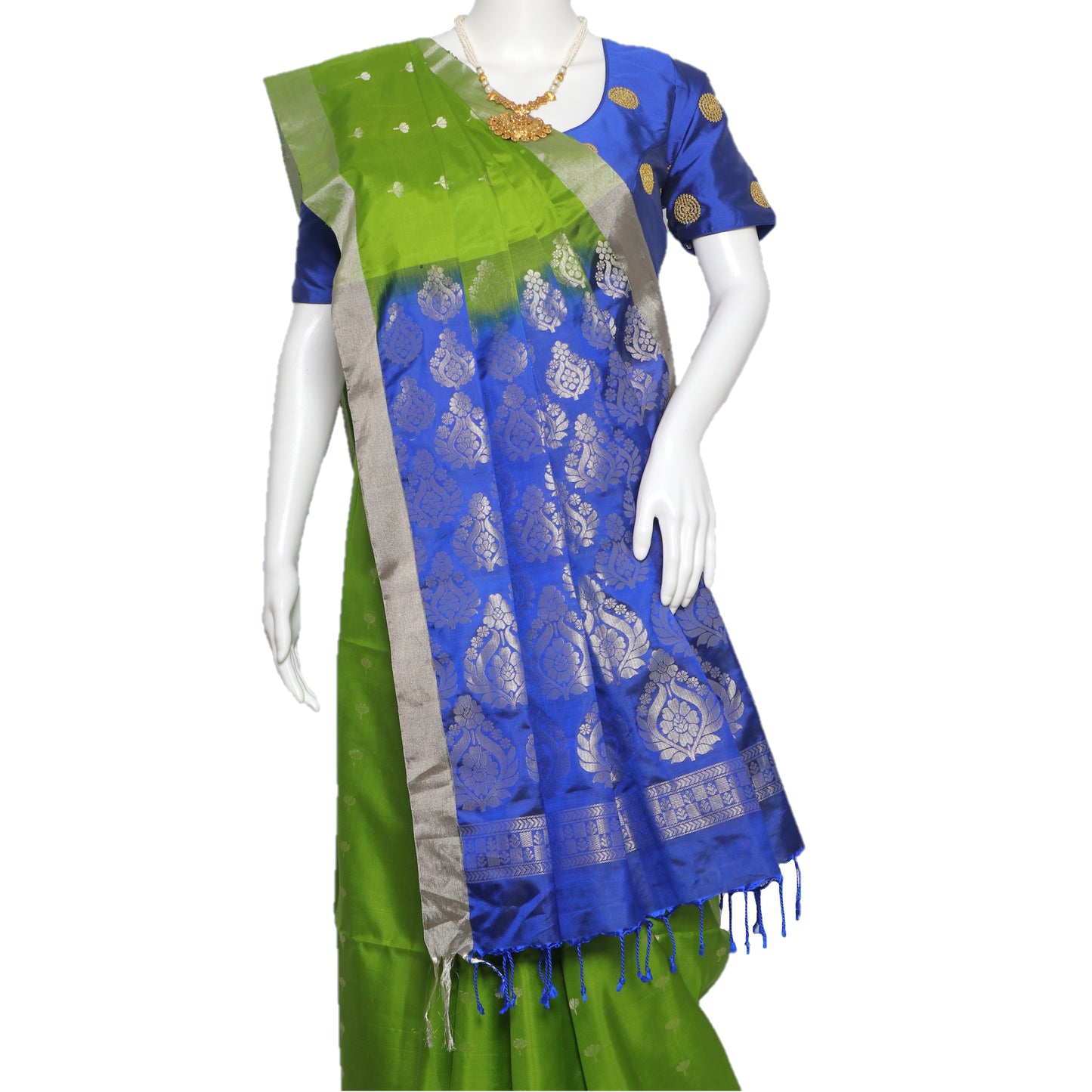 Maharani's Pure Handloom Kanjivaram Silk Saree - Parrot Green with Blue Pallu and Silver Zari Border