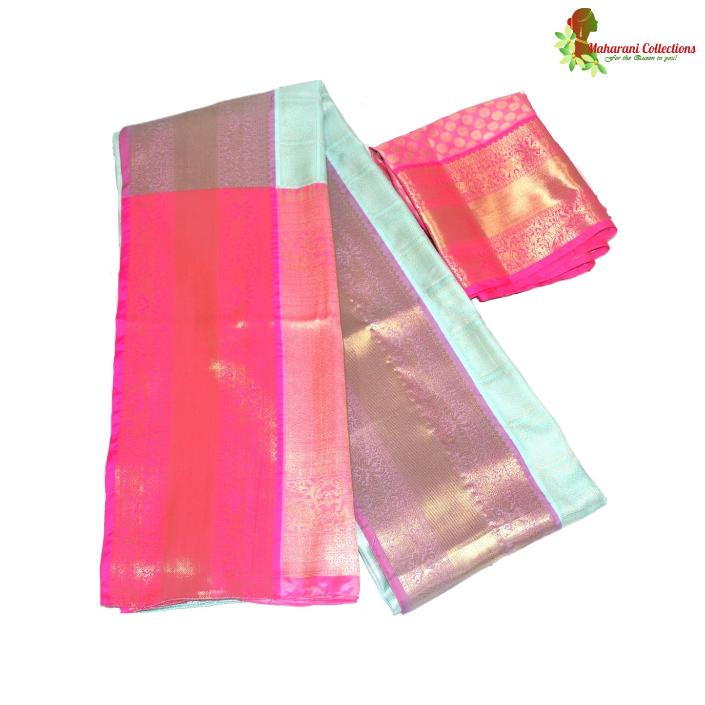 Maharani's Pure Handloom Kanjivaram Silk Saree - Blue and Pink with Golden Zari Work