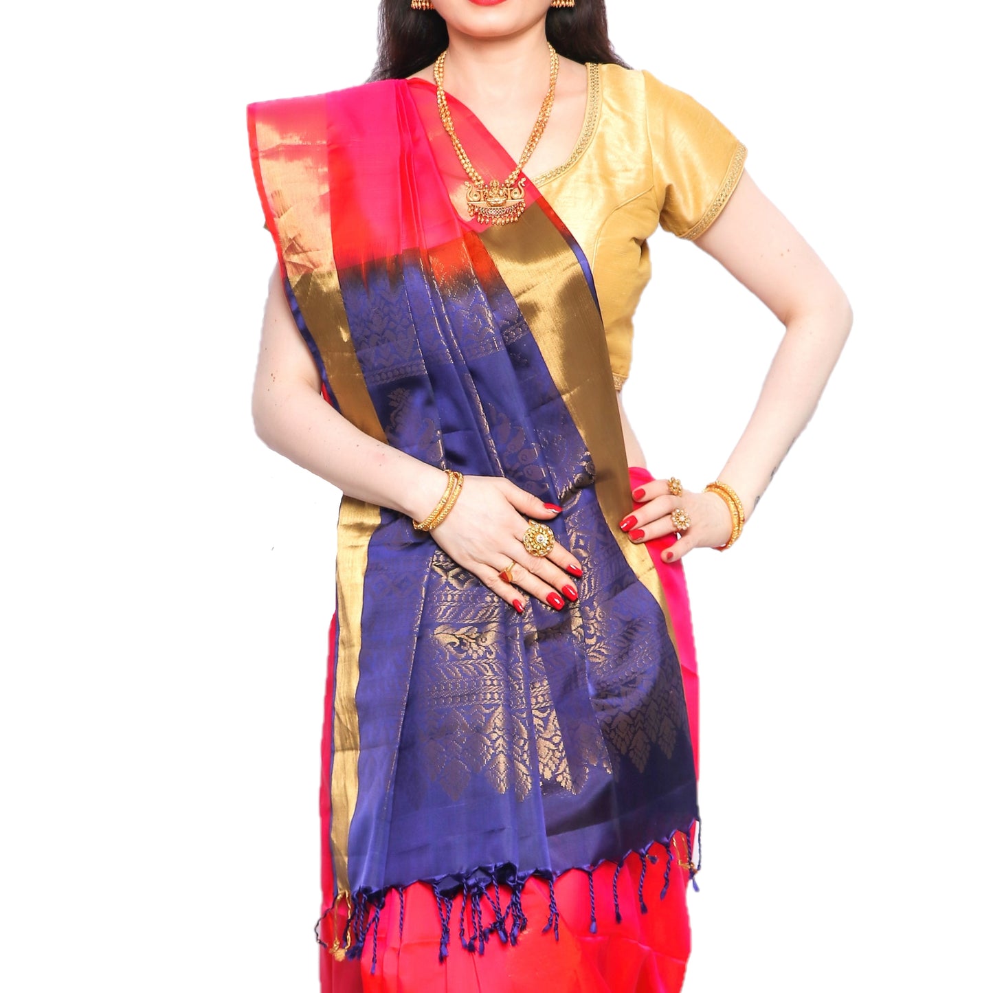 Maharani's Pure Handloom Kanjivaram Silk Saree - Red with Purple Pallu and Golden Zari Border