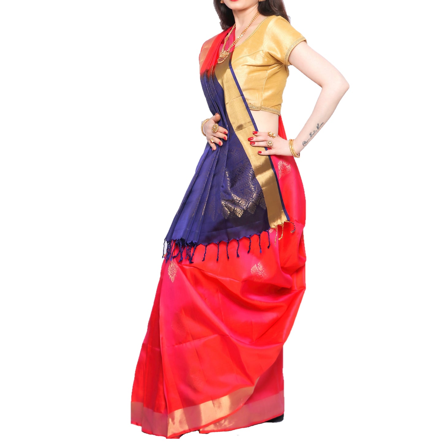 Maharani's Pure Handloom Kanjivaram Silk Saree - Red with Purple Pallu and Golden Zari Border