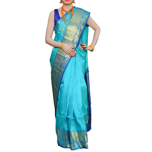 Maharani's Pure Handloom Kanjivaram Silk Saree - Turquoise with Blue Pallu and Golden Zari Border