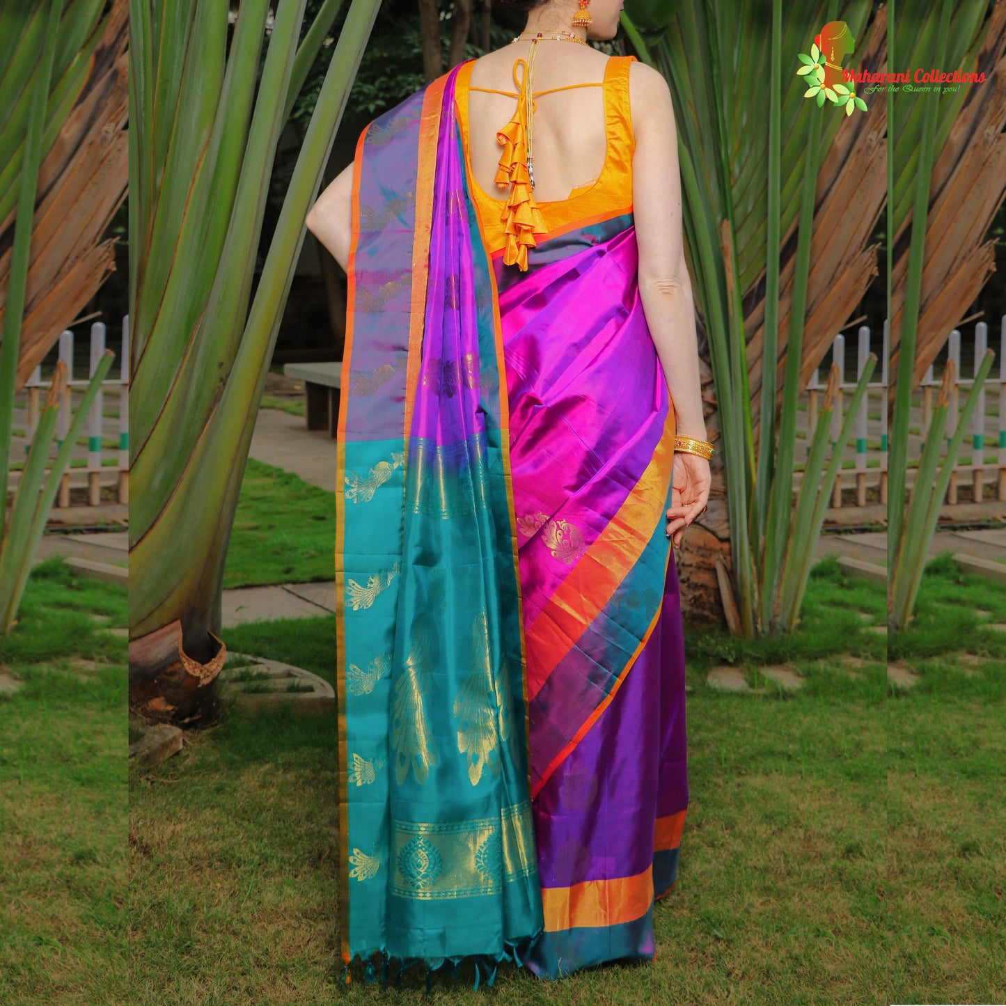Maharani's Pure Handloom Kanjivaram Silk Saree - Purple with Turquoise Pallu and Golden Zari Border