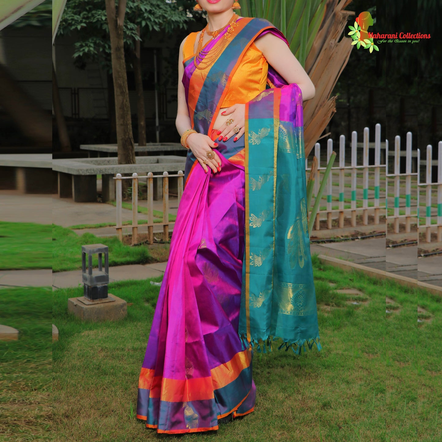 Maharani's Pure Handloom Kanjivaram Silk Saree - Purple with Turquoise Pallu and Golden Zari Border