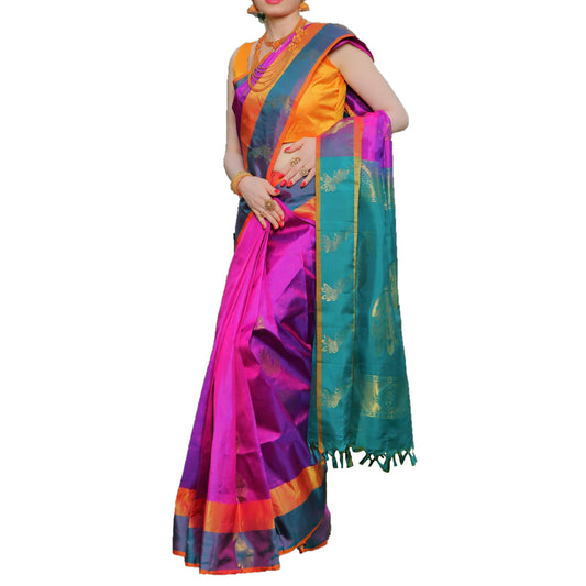 Maharani's Pure Handloom Kanjivaram Silk Saree - Purple with Turquoise Pallu and Golden Zari Border
