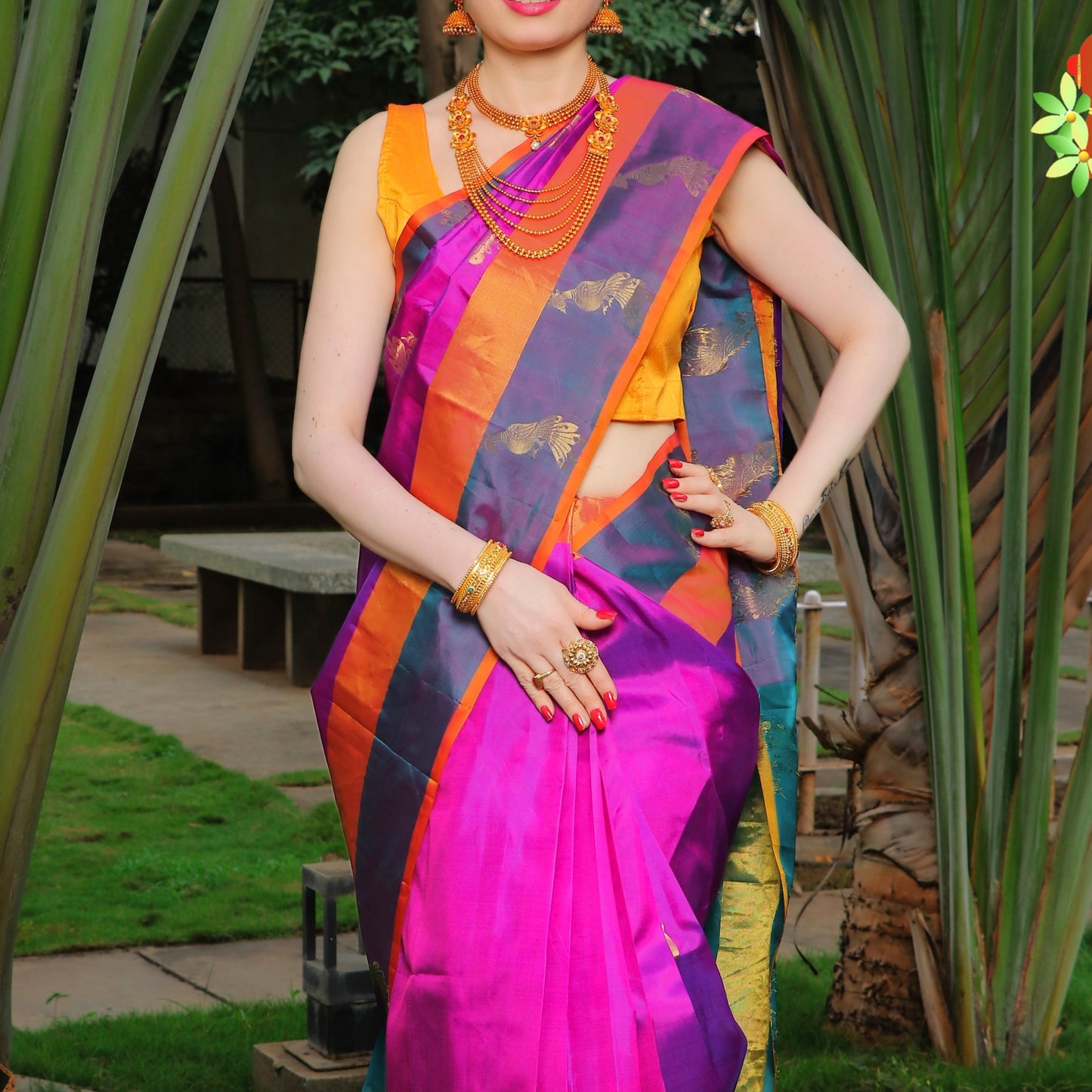 Maharani's Pure Handloom Kanjivaram Silk Saree - Purple with Turquoise Pallu and Golden Zari Border