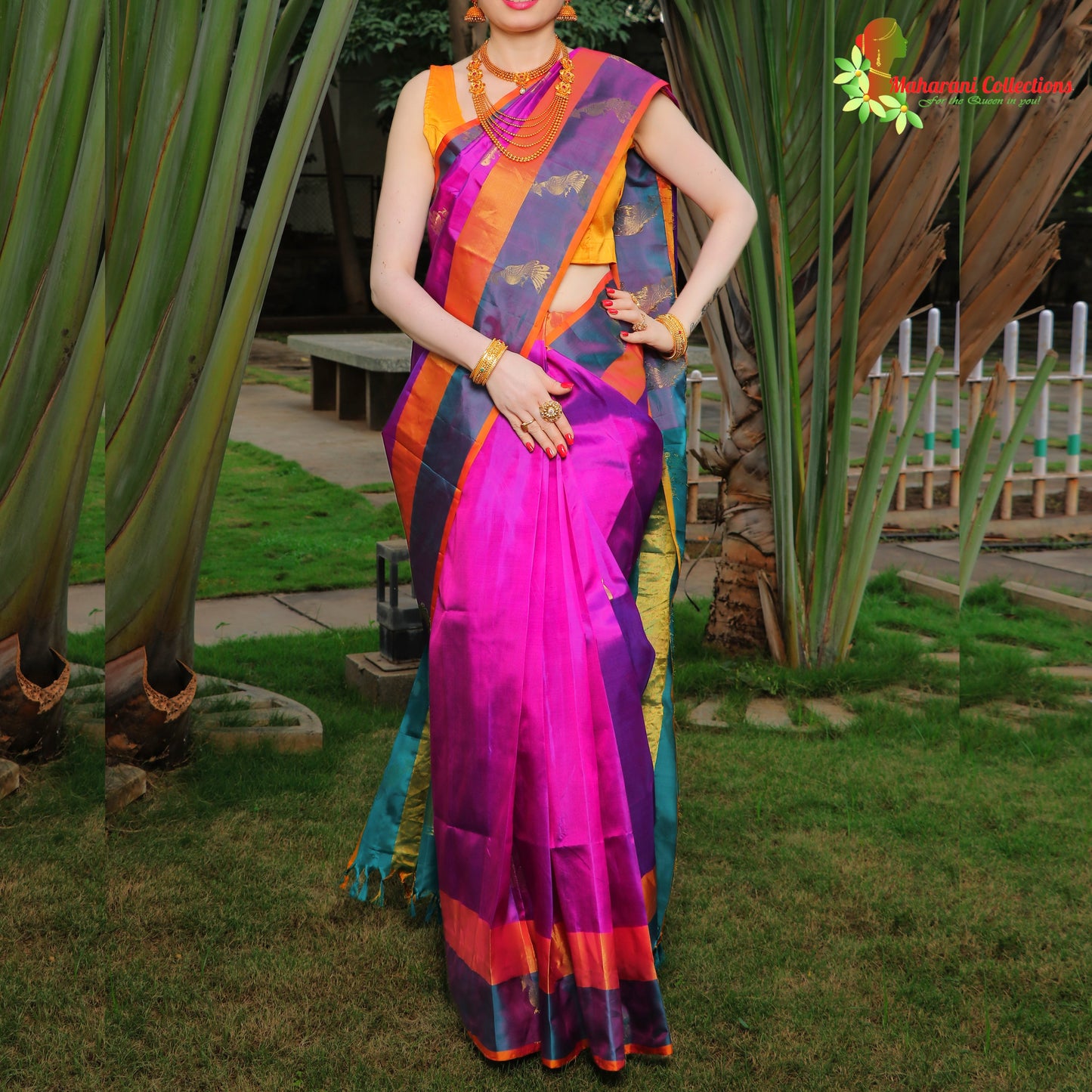 Maharani's Pure Handloom Kanjivaram Silk Saree - Purple with Turquoise Pallu and Golden Zari Border