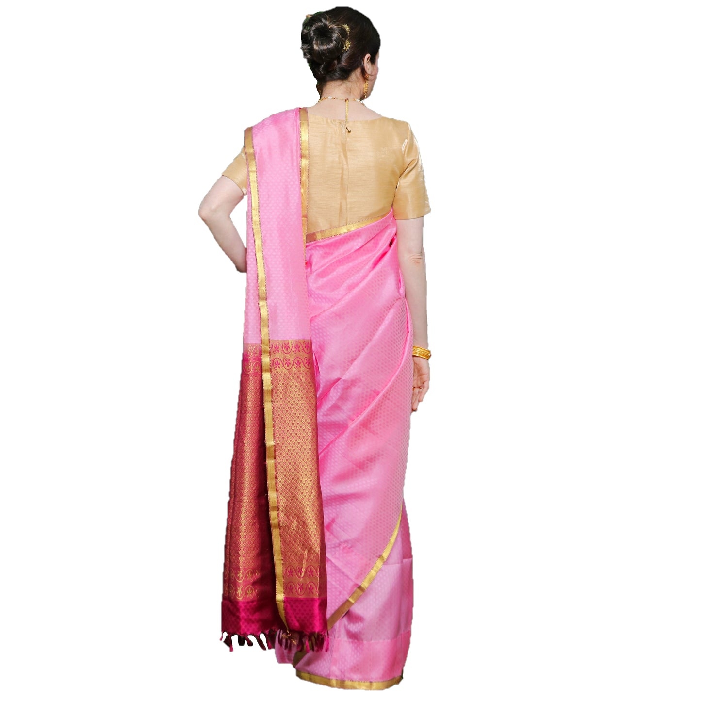 Maharani's Pure Handloom Kanjivaram Silk Saree - Pink with Purple Pallu and Golden Zari Border