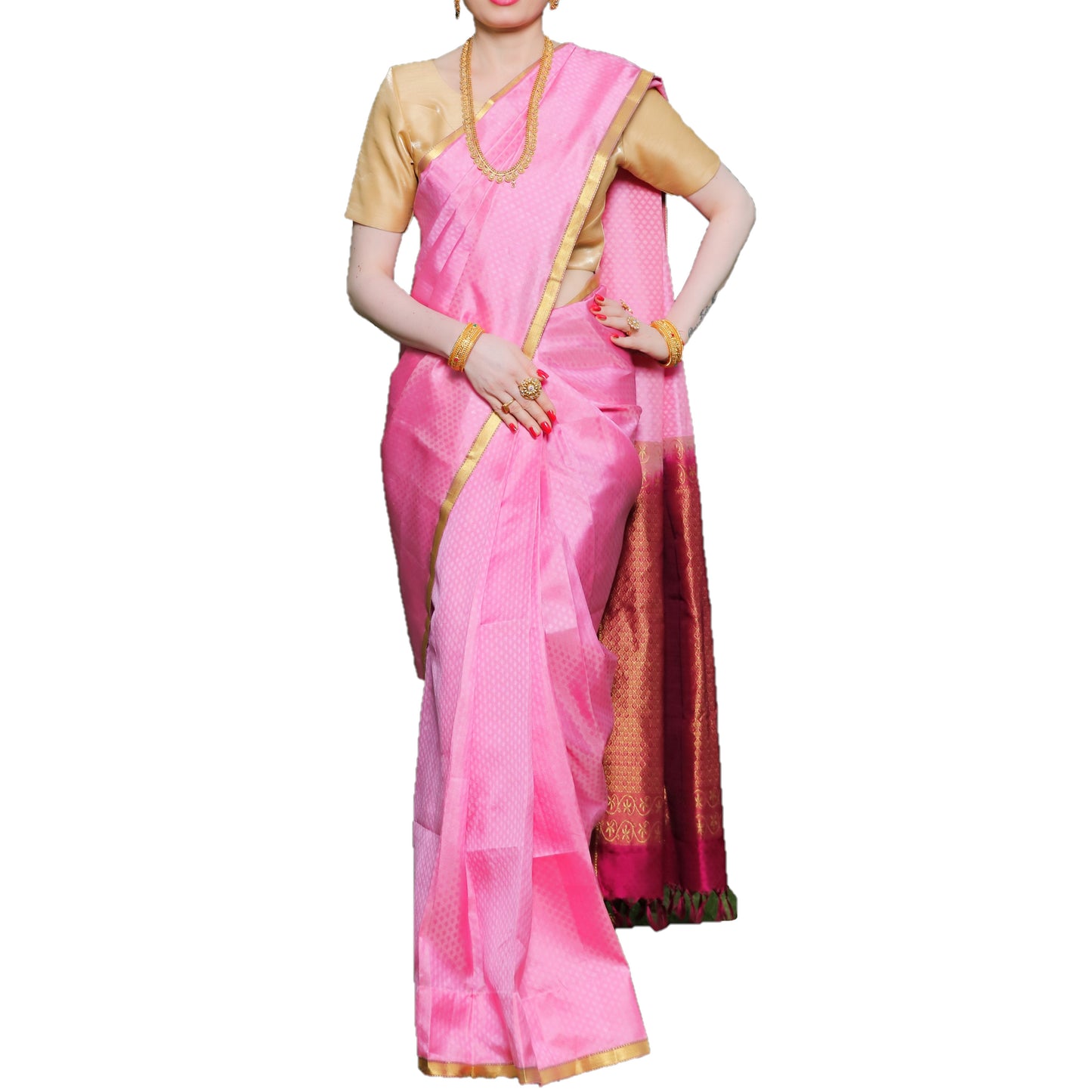Maharani's Pure Handloom Kanjivaram Silk Saree - Pink with Purple Pallu and Golden Zari Border