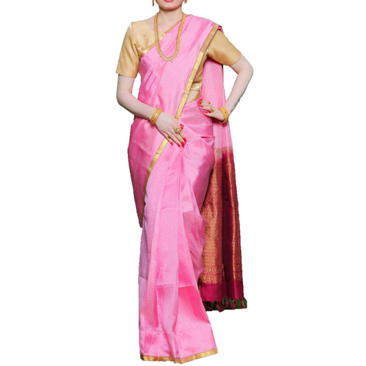 Maharani's Pure Handloom Kanjivaram Silk Saree - Pink with Purple Pallu and Golden Zari Border