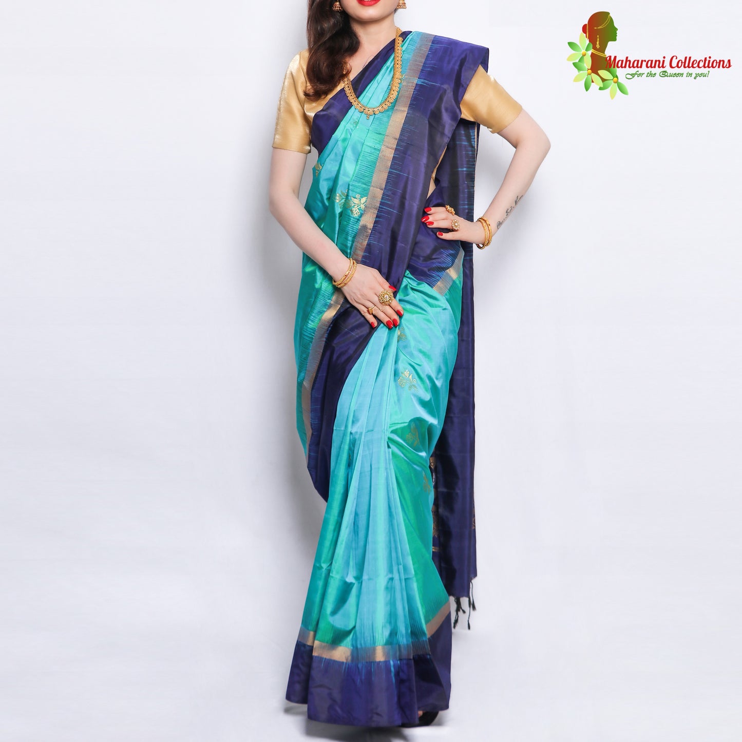 Maharani's Pure Handloom Kanjivaram Silk Saree - Turquoise with Blue Pallu and Golden Zari Border