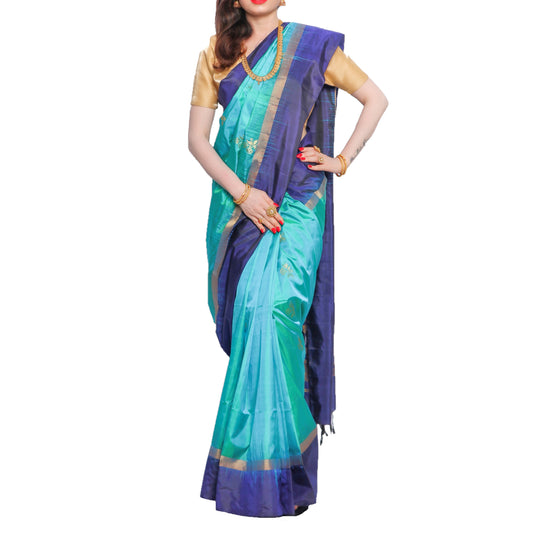 Maharani's Pure Handloom Kanjivaram Silk Saree - Turquoise with Blue Pallu and Golden Zari Border