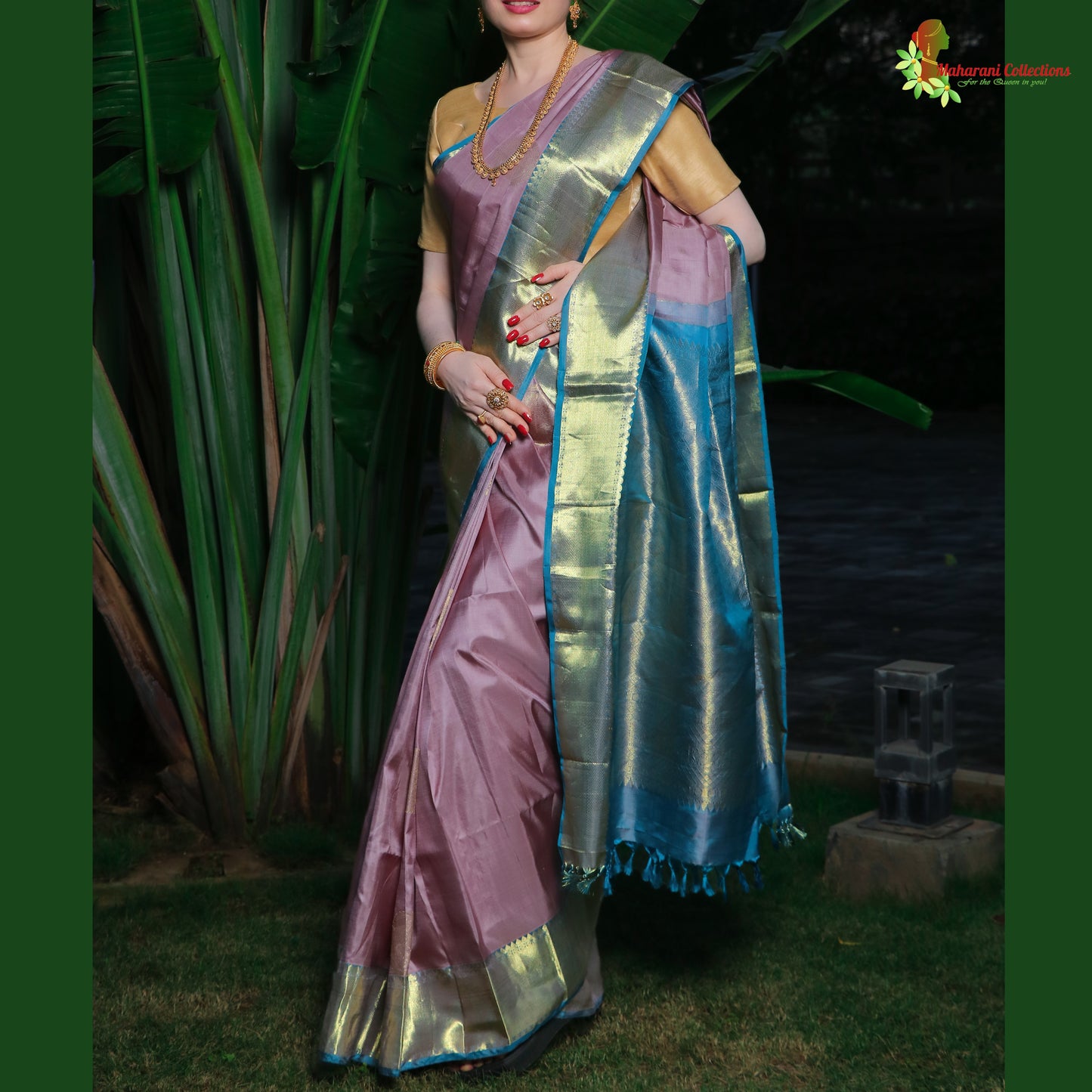 Maharani's Pure Handloom Kanjivaram Silk Saree - Purple with Blue Pallu and Golden Zari Border