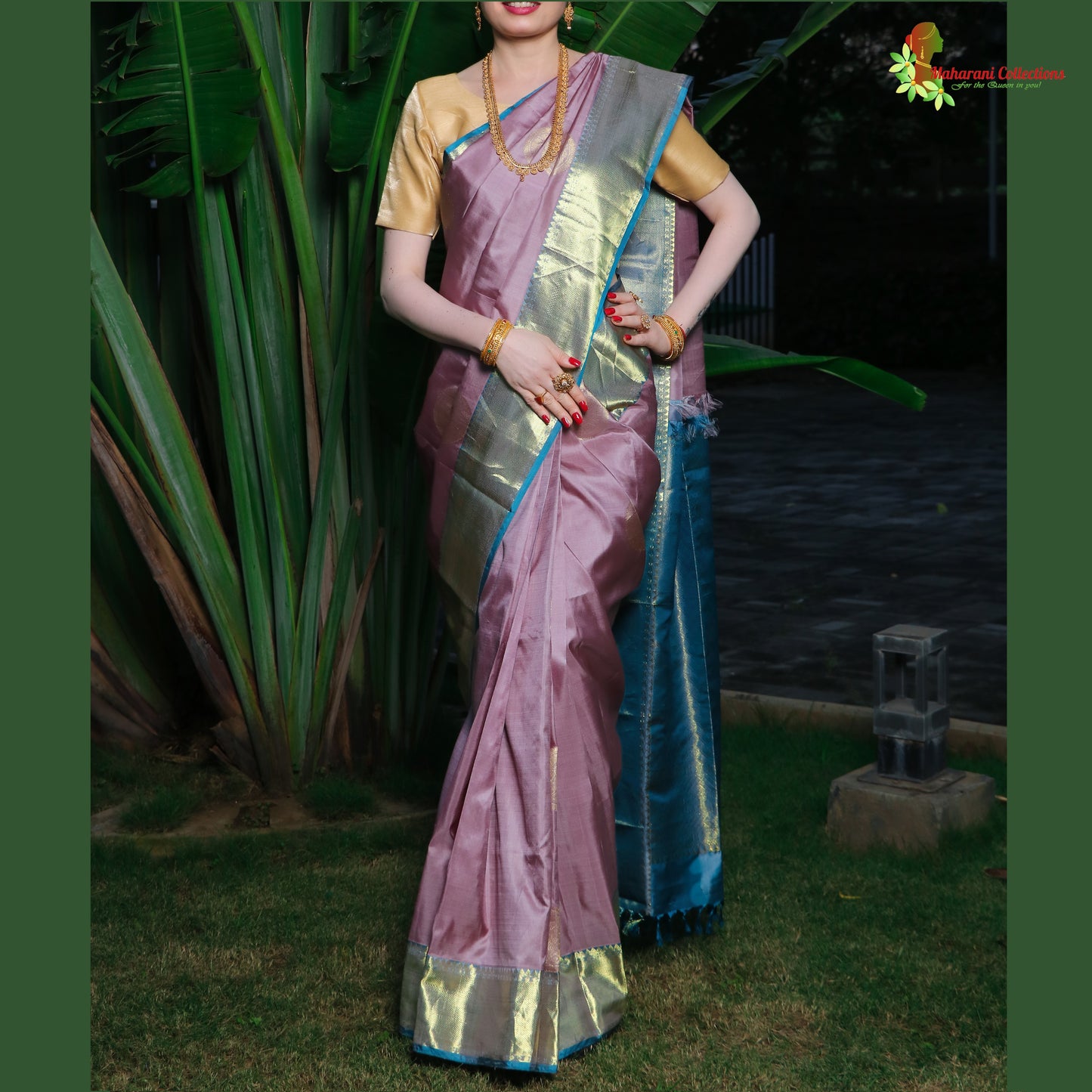 Maharani's Pure Handloom Kanjivaram Silk Saree - Purple with Blue Pallu and Golden Zari Border