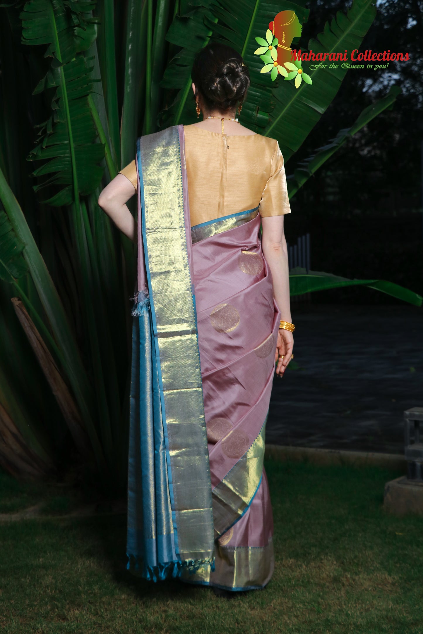 Maharani's Pure Handloom Kanjivaram Silk Saree - Purple with Blue Pallu and Golden Zari Border
