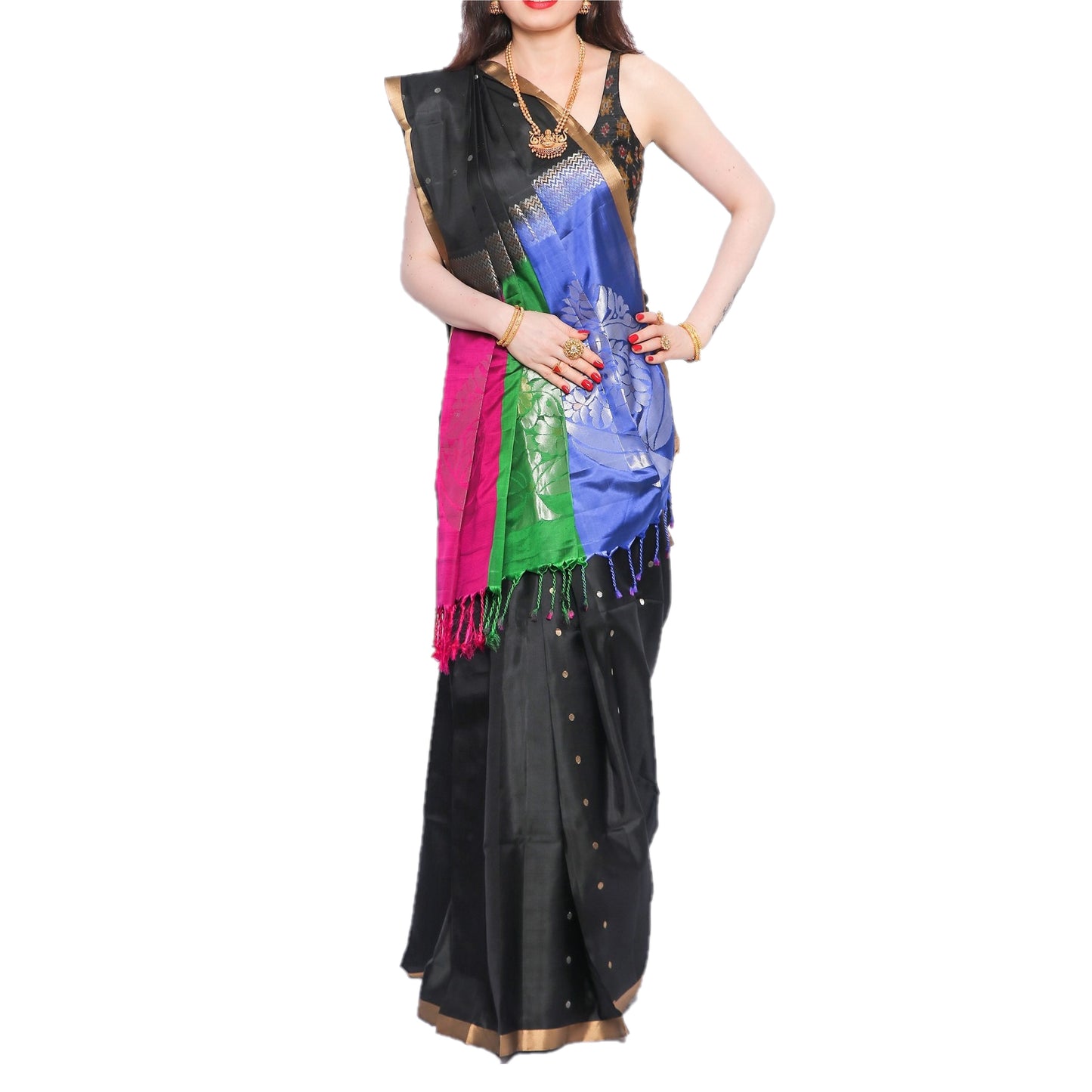Maharani's Pure Handloom Kanjivaram Silk Saree - Elegant Black with Multicolor Border and Pallu