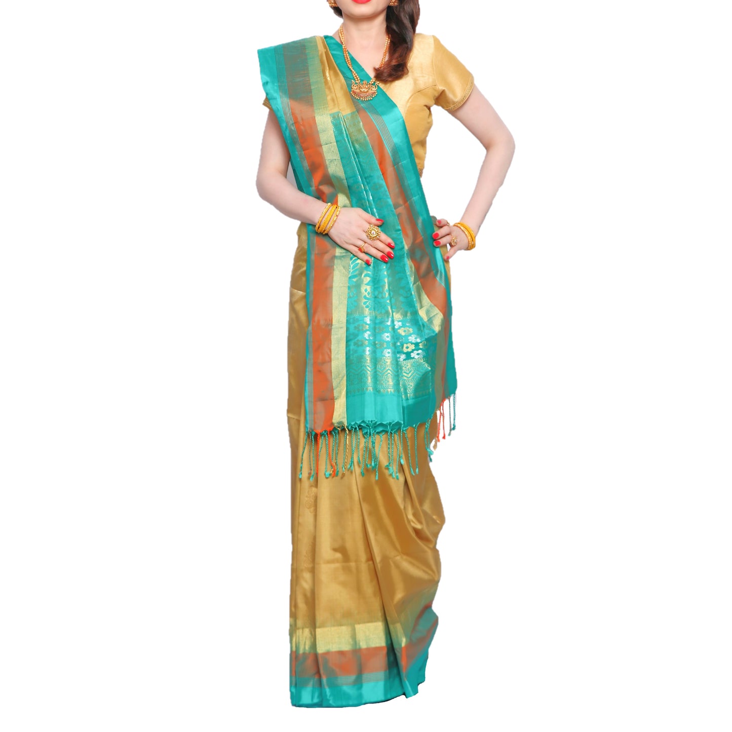 Maharani's Pure Handloom Kanjivaram Silk Saree - Mustard with Green Pallu and Golden Border
