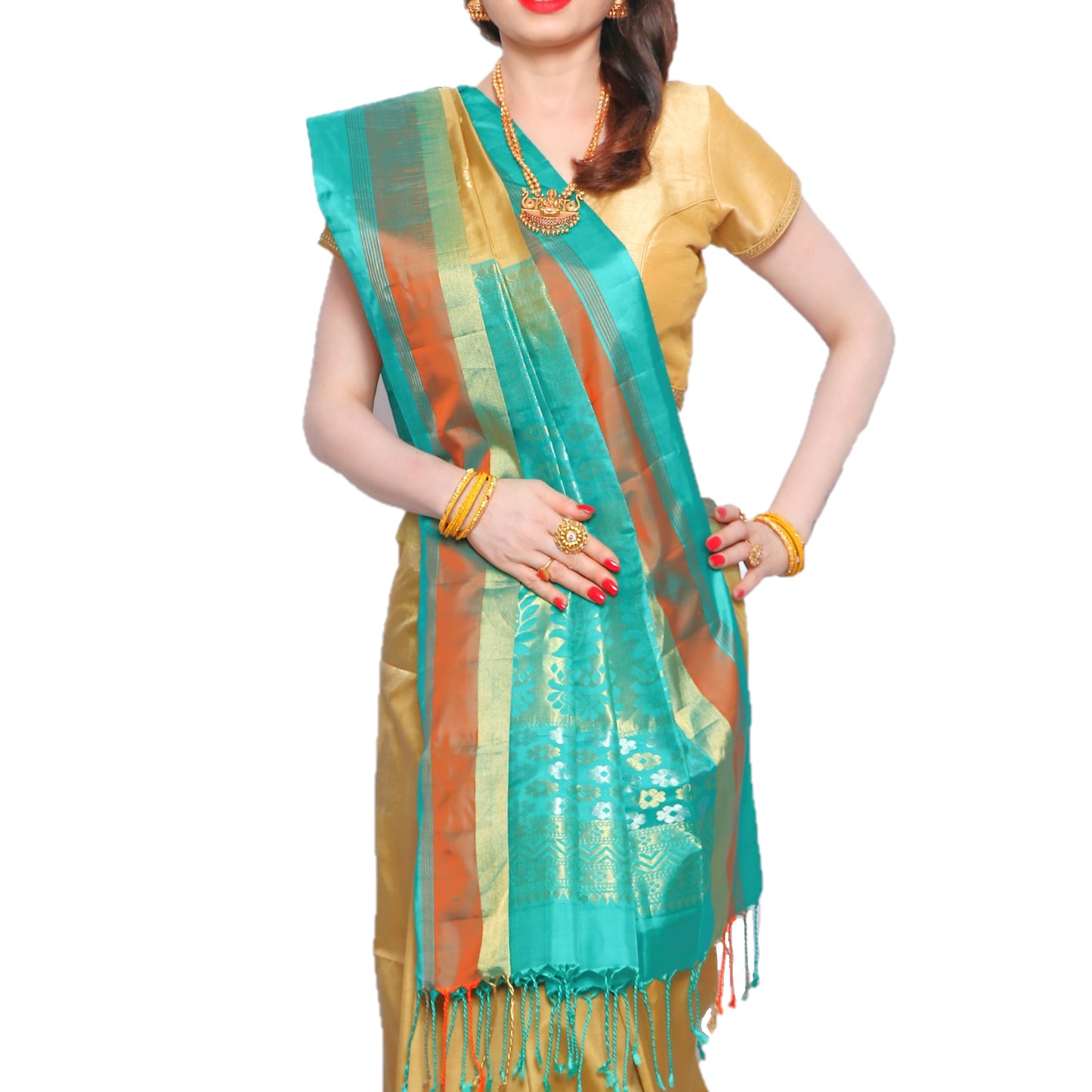 Maharani's Pure Handloom Kanjivaram Silk Saree - Mustard with Green Pallu and Golden Border
