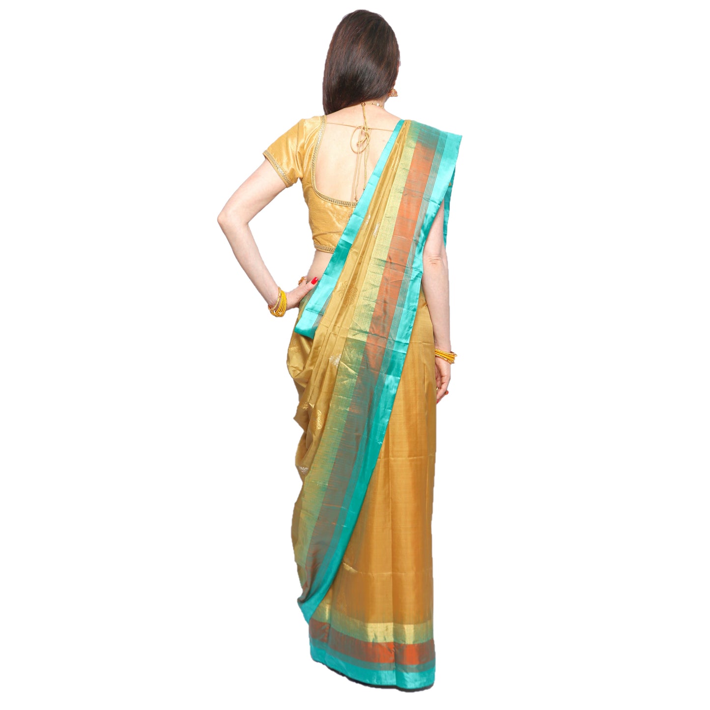 Maharani's Pure Handloom Kanjivaram Silk Saree - Mustard with Green Pallu and Golden Border