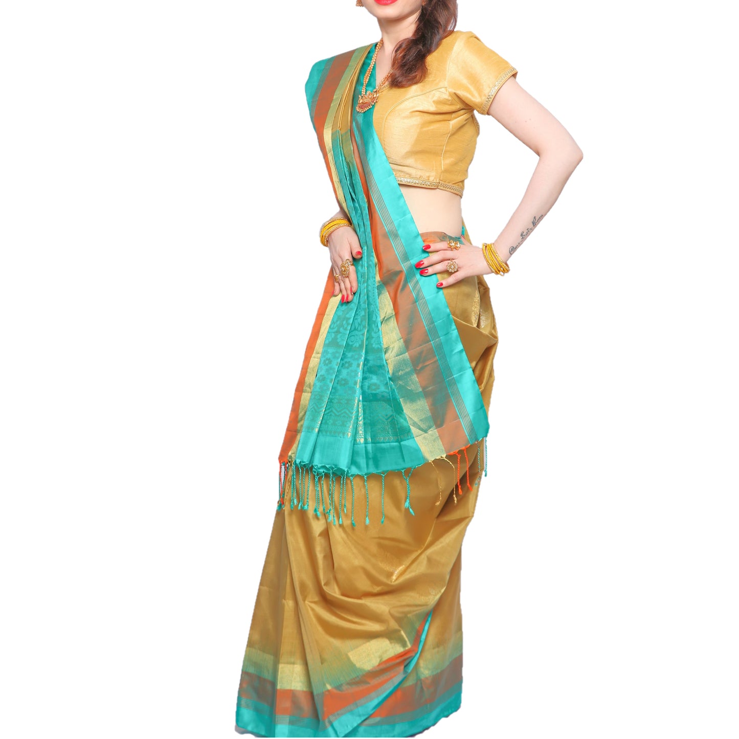 Maharani's Pure Handloom Kanjivaram Silk Saree - Mustard with Green Pallu and Golden Border
