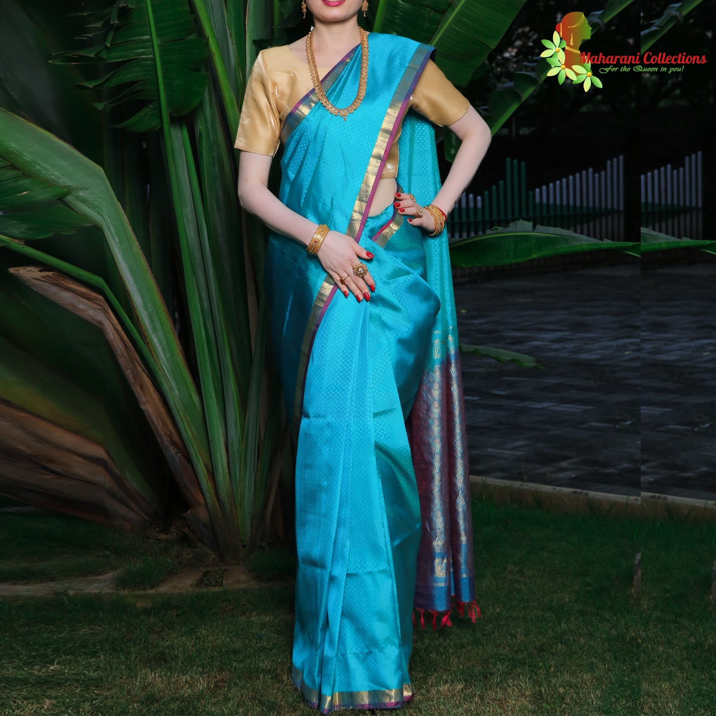 Maharani's Pure Handloom Kanjivaram Silk Saree - Sky Blue with Purple Zari Border and Pallu