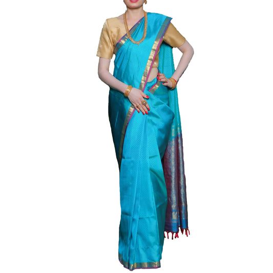Maharani's Pure Handloom Kanjivaram Silk Saree - Sky Blue with Purple Zari Border and Pallu