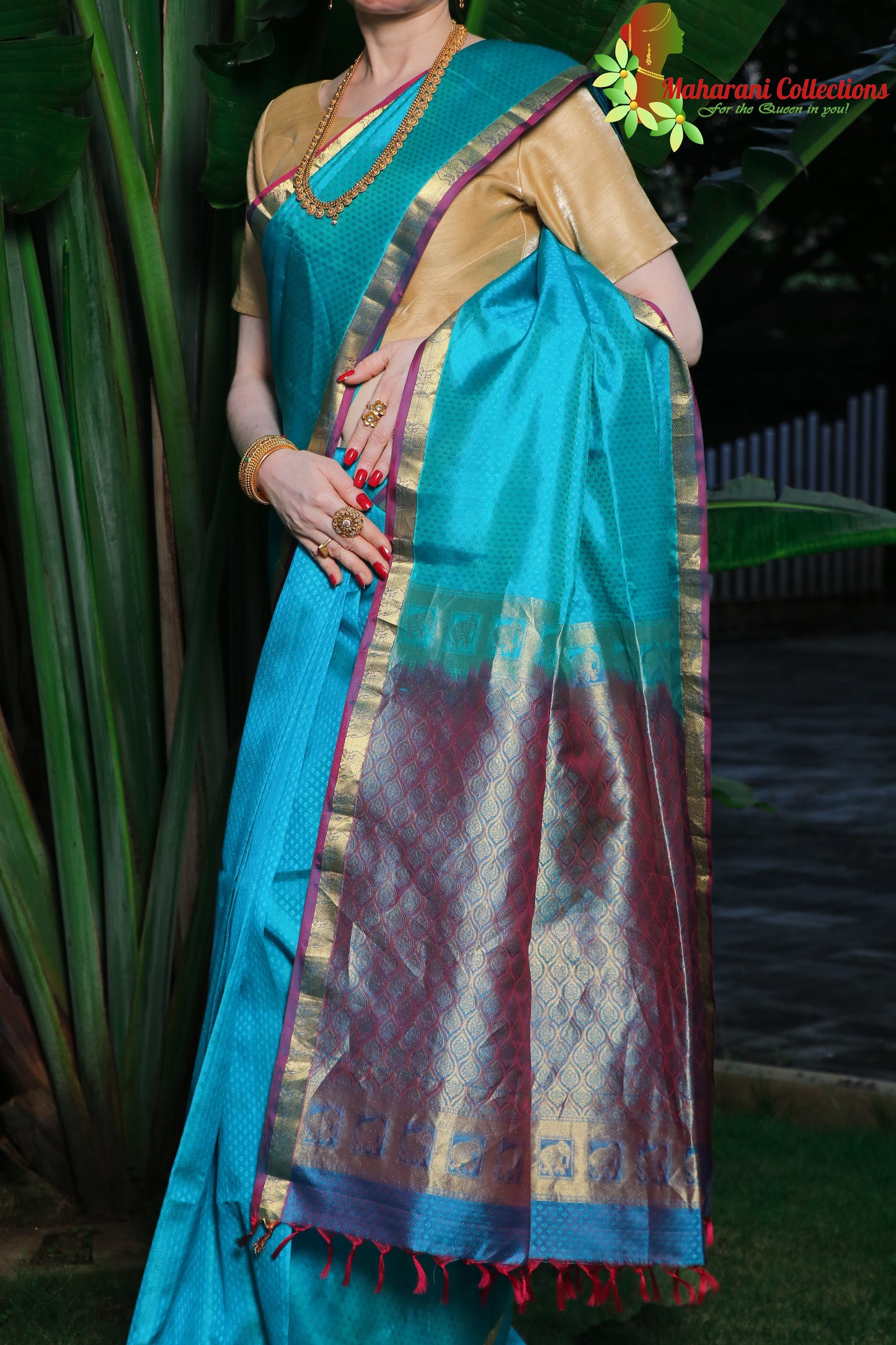 Maharani's Pure Handloom Kanjivaram Silk Saree - Sky Blue with Purple Zari Border and Pallu