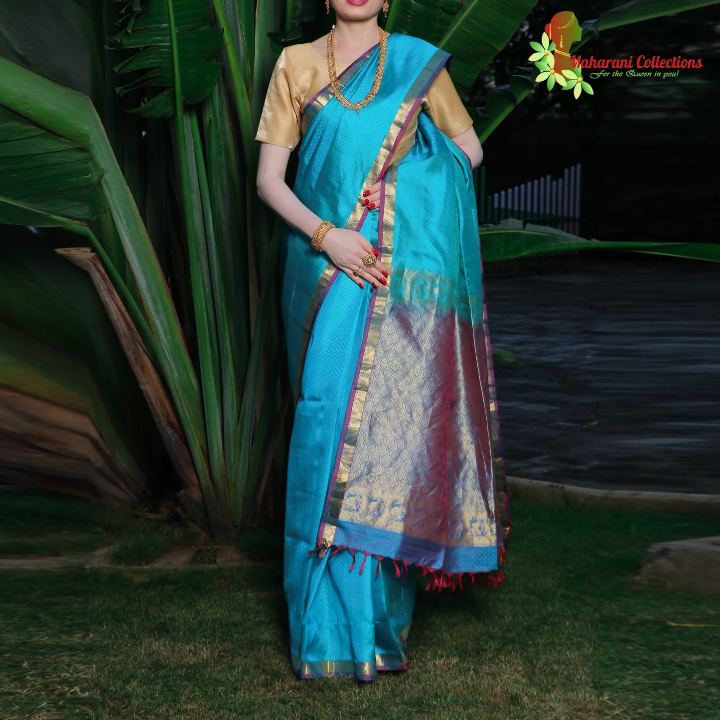 Maharani's Pure Handloom Kanjivaram Silk Saree - Sky Blue with Purple Zari Border and Pallu