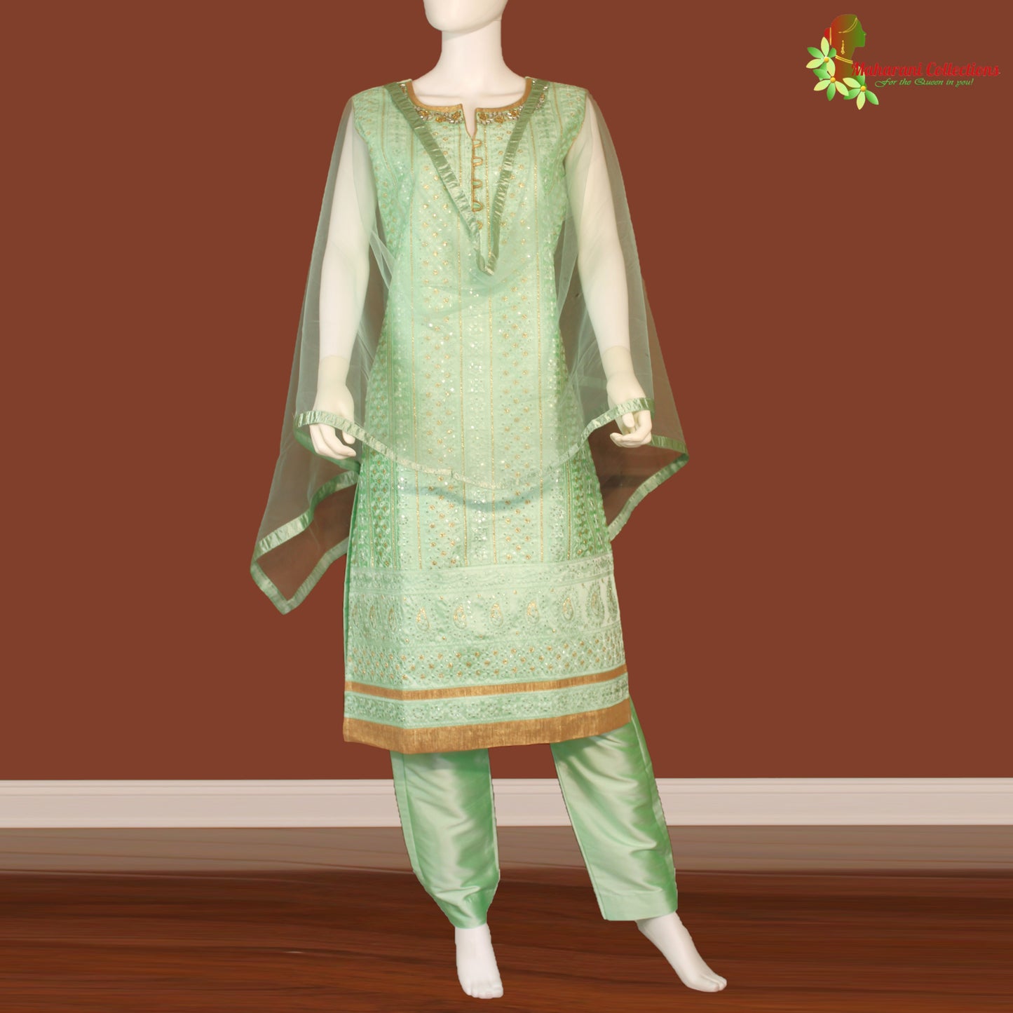 Maharani's Designer Palazzo Suit Set - Sea Green (L) - Soft Silk
