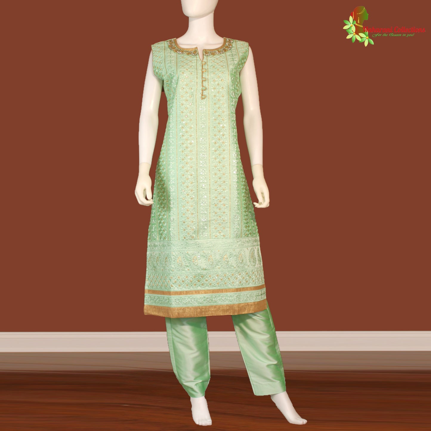 Maharani's Designer Palazzo Suit Set - Sea Green (L) - Soft Silk